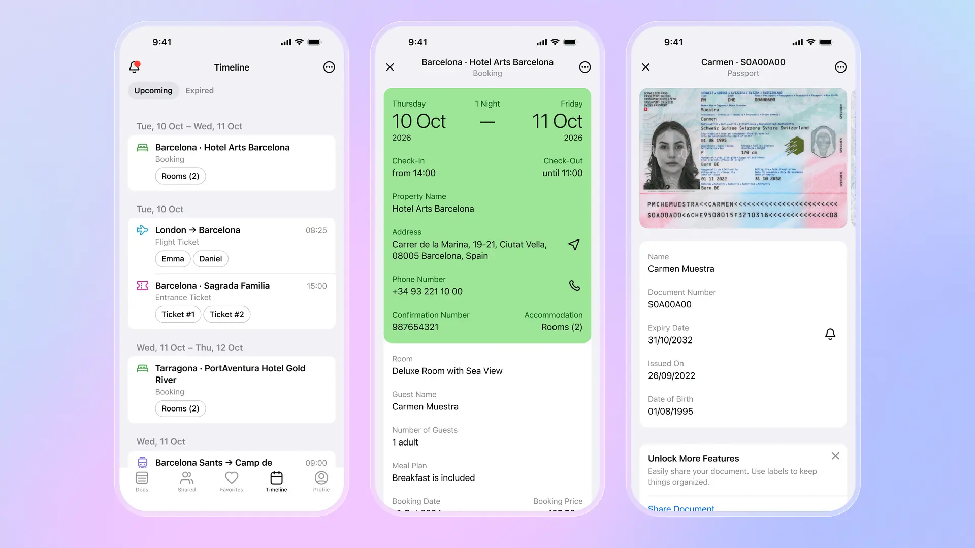 Folio app screens: Timeline with travel bookings, hotel confirmation details, and passport document storage