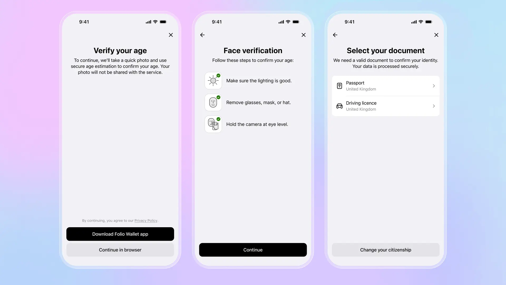 Flux de vérification de l'âge dans Folio : écran de vérification de l'âge, vérification du visage avec liste de contrôle, et sélection de documents avec options de passeport et de permis de conduire