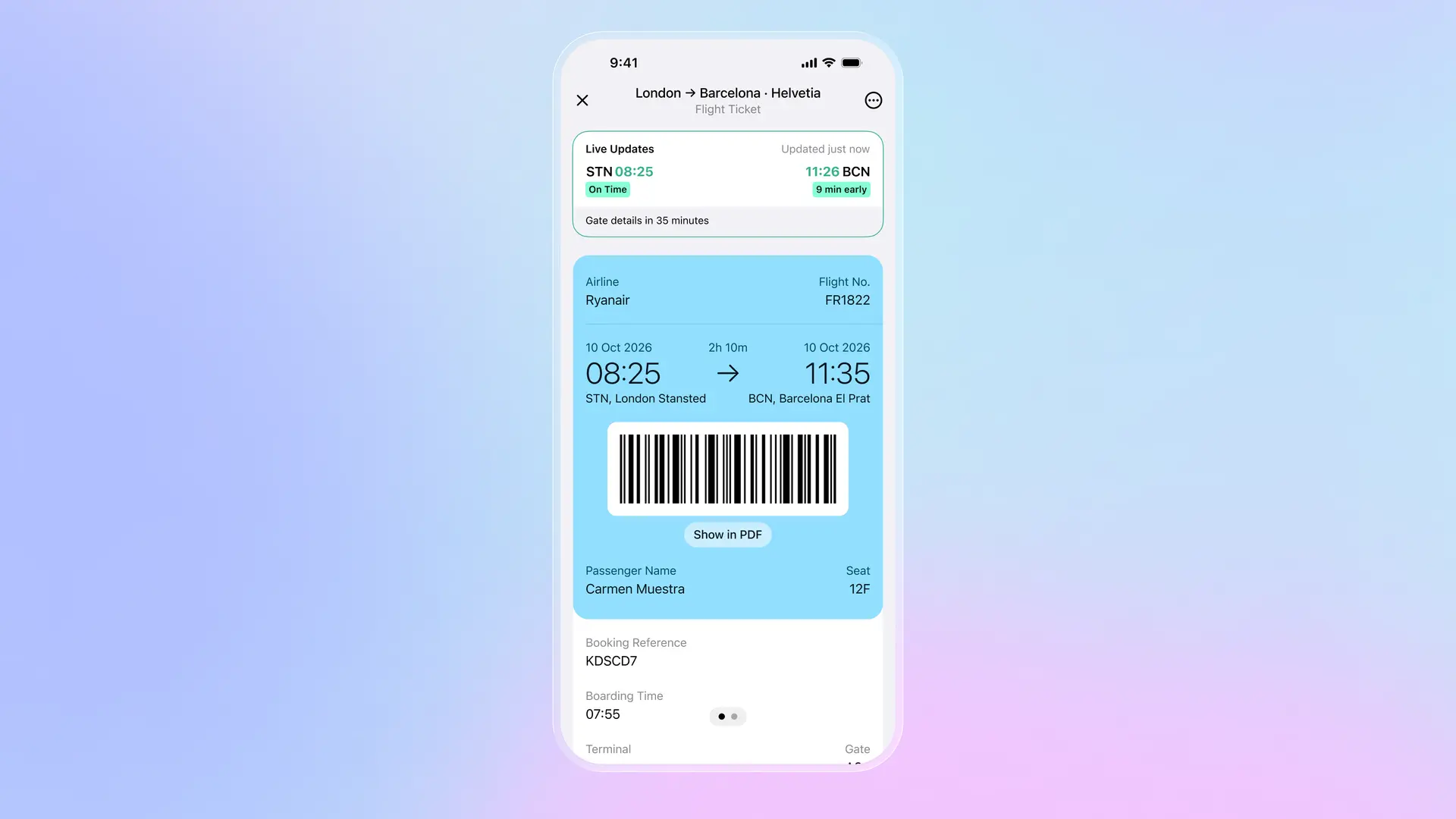 Un biglietto aereo in Folio con aggiornamenti in tempo reale che mostra orari di partenza e arrivo, informazioni sul gate e stato del volo