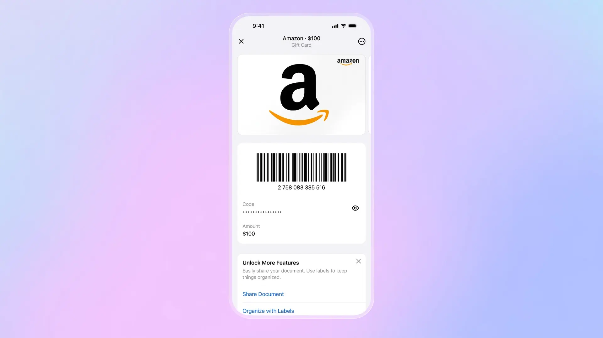 L'app Folio mostra una carta regalo con codice a barre, codice PIN nascosto, tracciamento del saldo e opzioni di condivisione o organizzazione