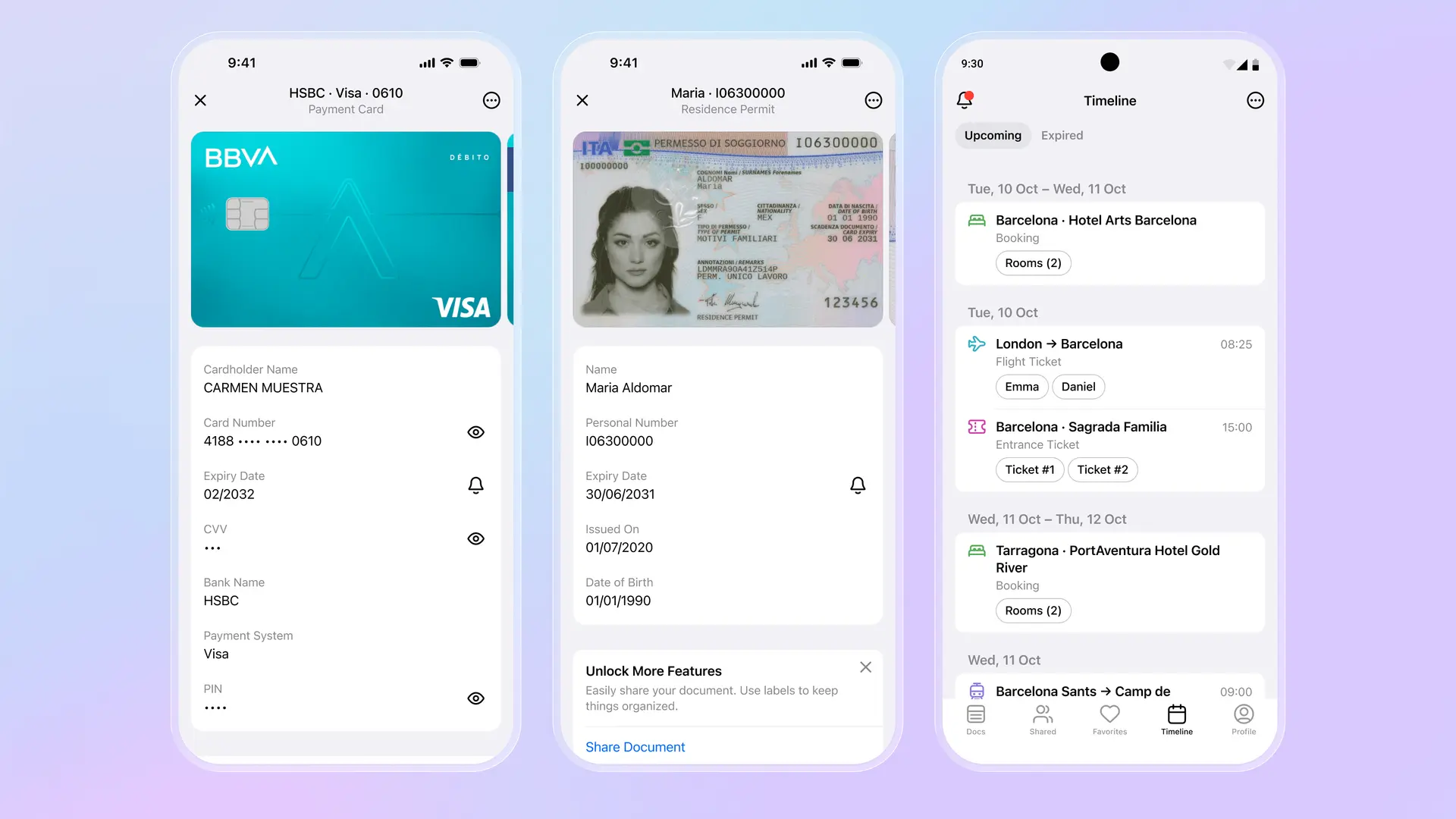 Folioアプリの画面：BBVAの決済カード詳細、抽出されたデータ付きのイタリア滞在許可証、バルセロナのホテル予約と航空券を含む旅程タイムライン