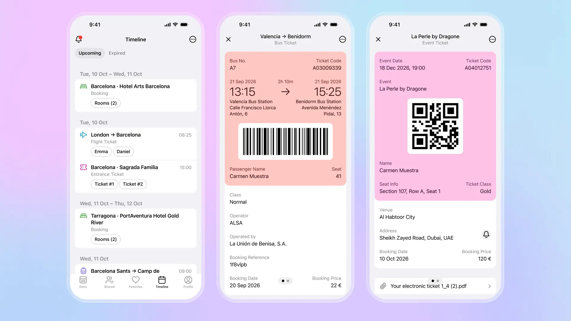 Folioアプリの旅程タイムライン、バーコード付きバスチケット、QRコード付きイベントチケット