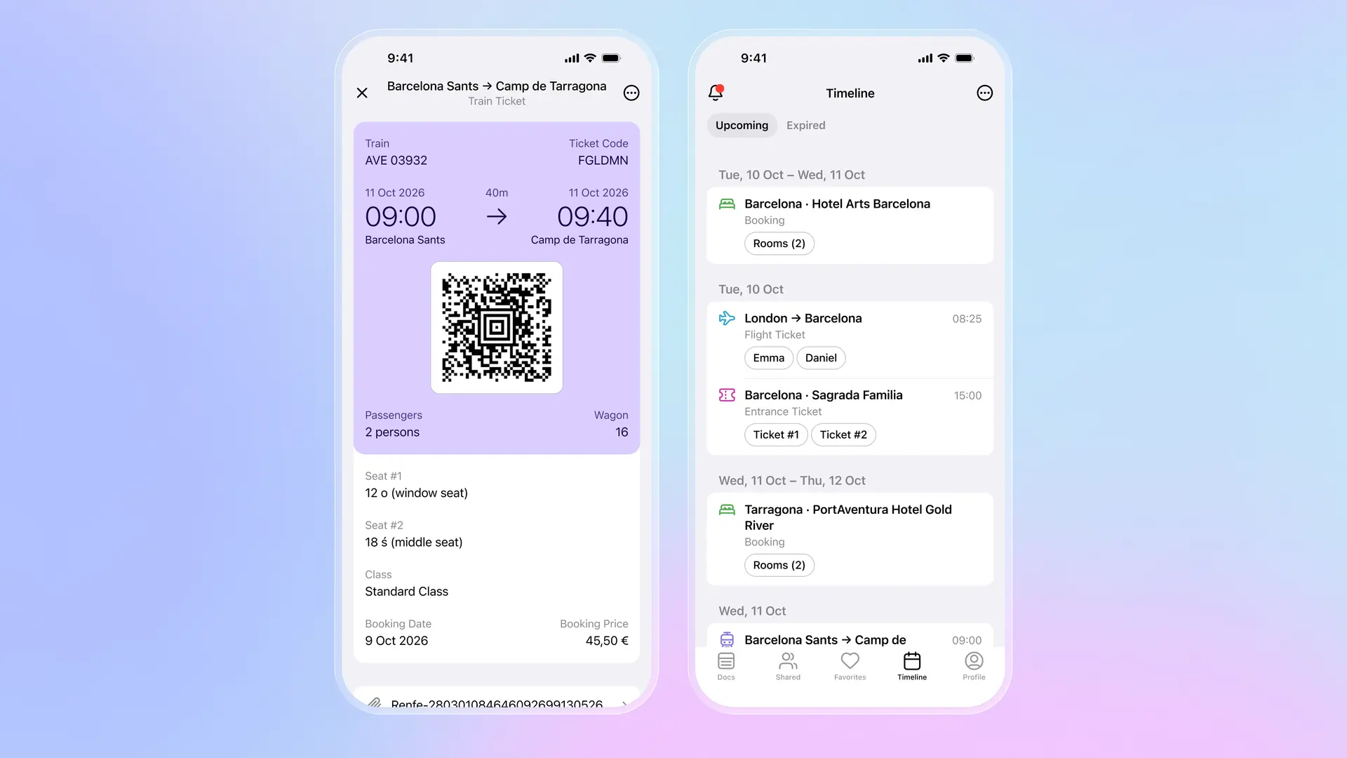 Folioアプリ：QRコードと座席詳細付きバルセロナ・サンツ発Camp de Tarragona行きRenfe電車チケット、ホテル予約、フライト、サグラダ・ファミリア入場券付きの旅程タイムライン