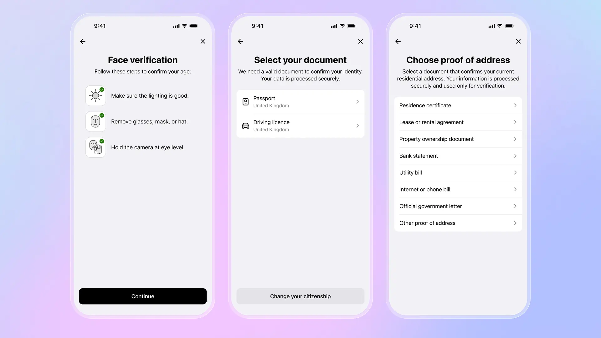 Modern digital onboarding flow: face verification with guidance, document selection screen, and proof of address options