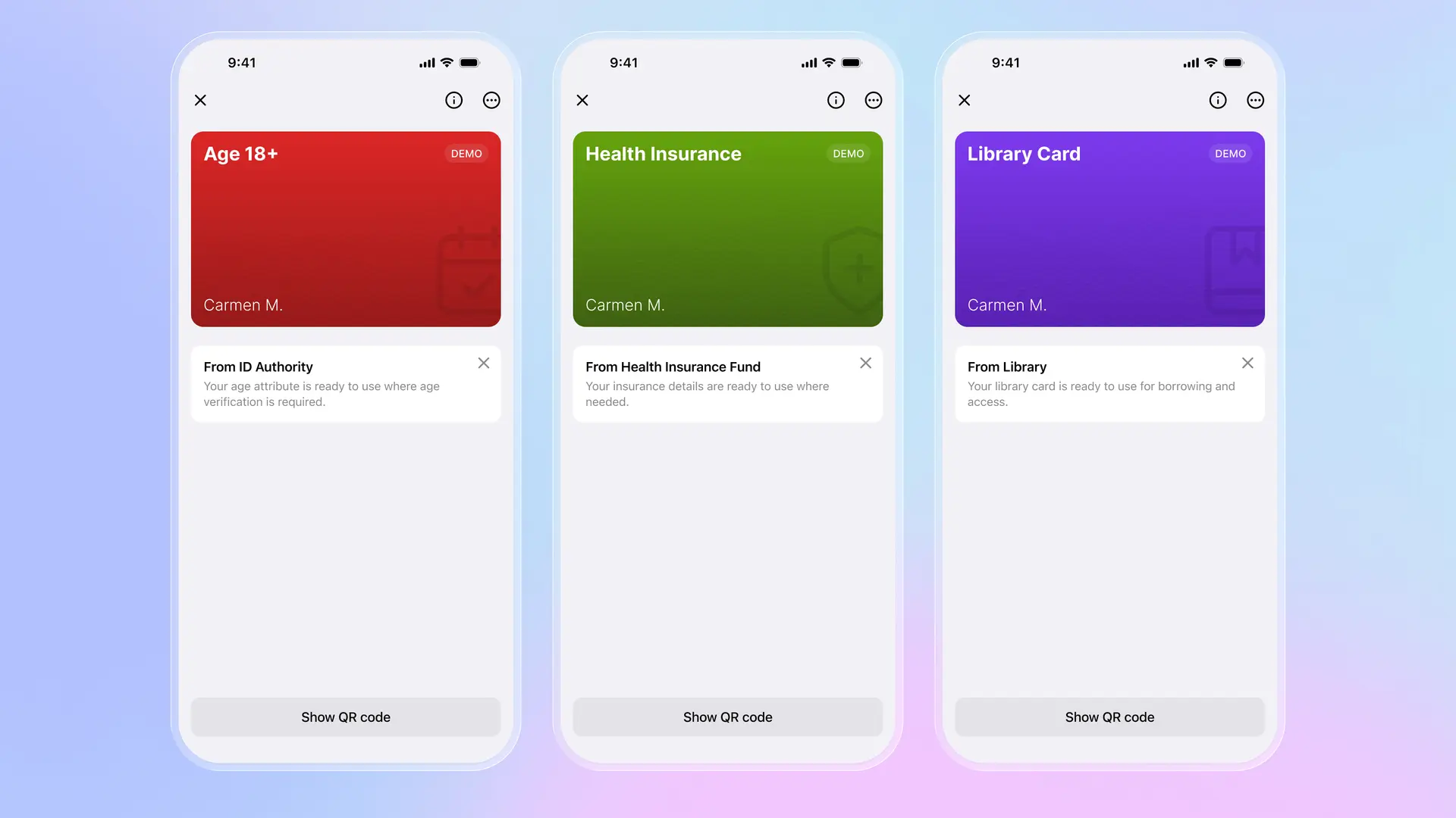 Credenziali digitali nel Folio wallet: tessera di verifica età 18+, tessera sanitaria e tessera della biblioteca con opzioni di visualizzazione del codice QR