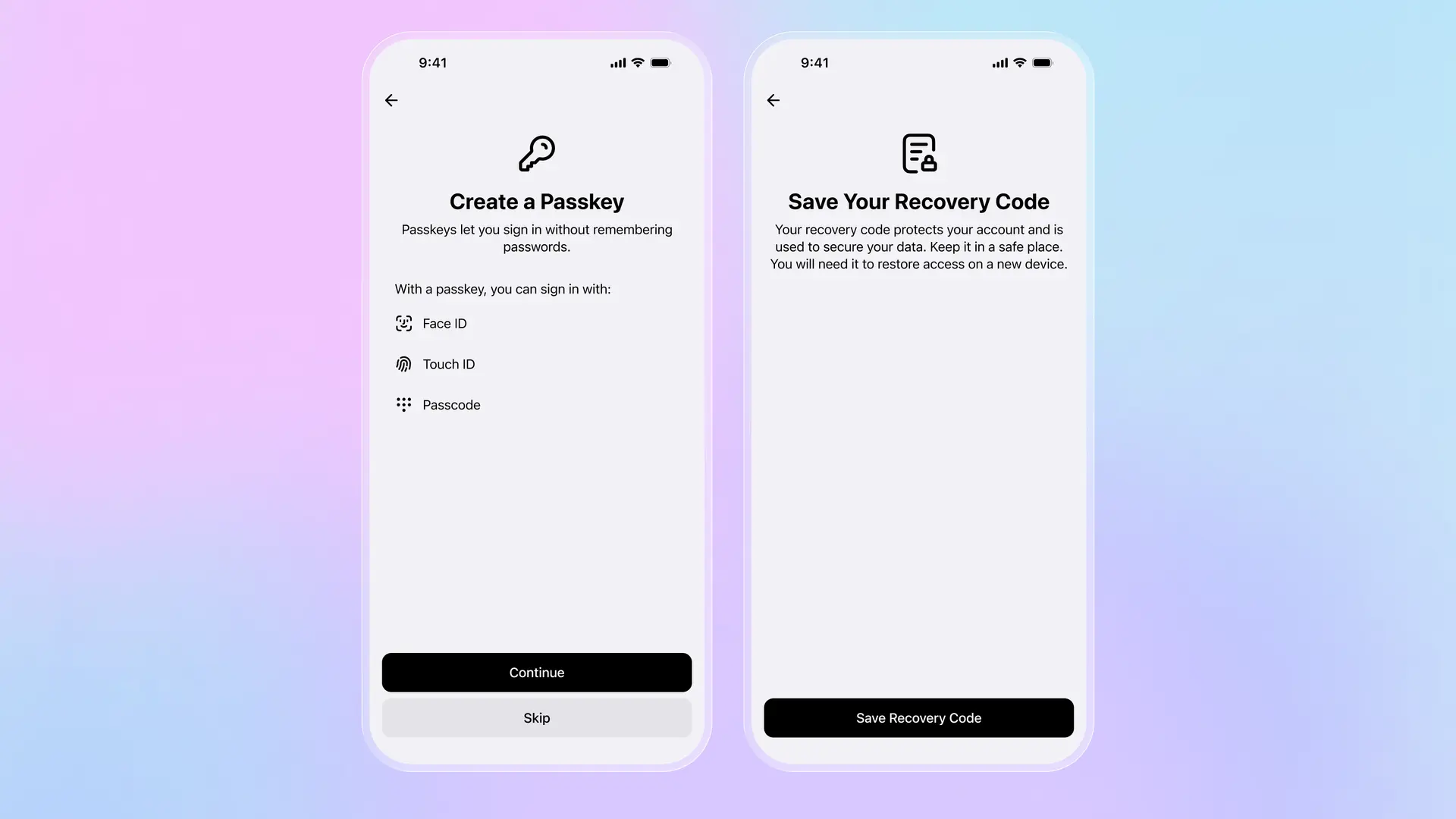 Save Your Recovery Code screen in Folio app showing the importance of keeping recovery code safe for account access