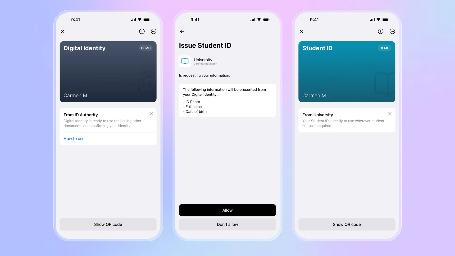 Fonctionnement de l'EUDI Wallet : justificatif d'identité numérique, université demandant des informations pour l'émission d'une carte d'étudiant, et justificatif de carte d'étudiant émis