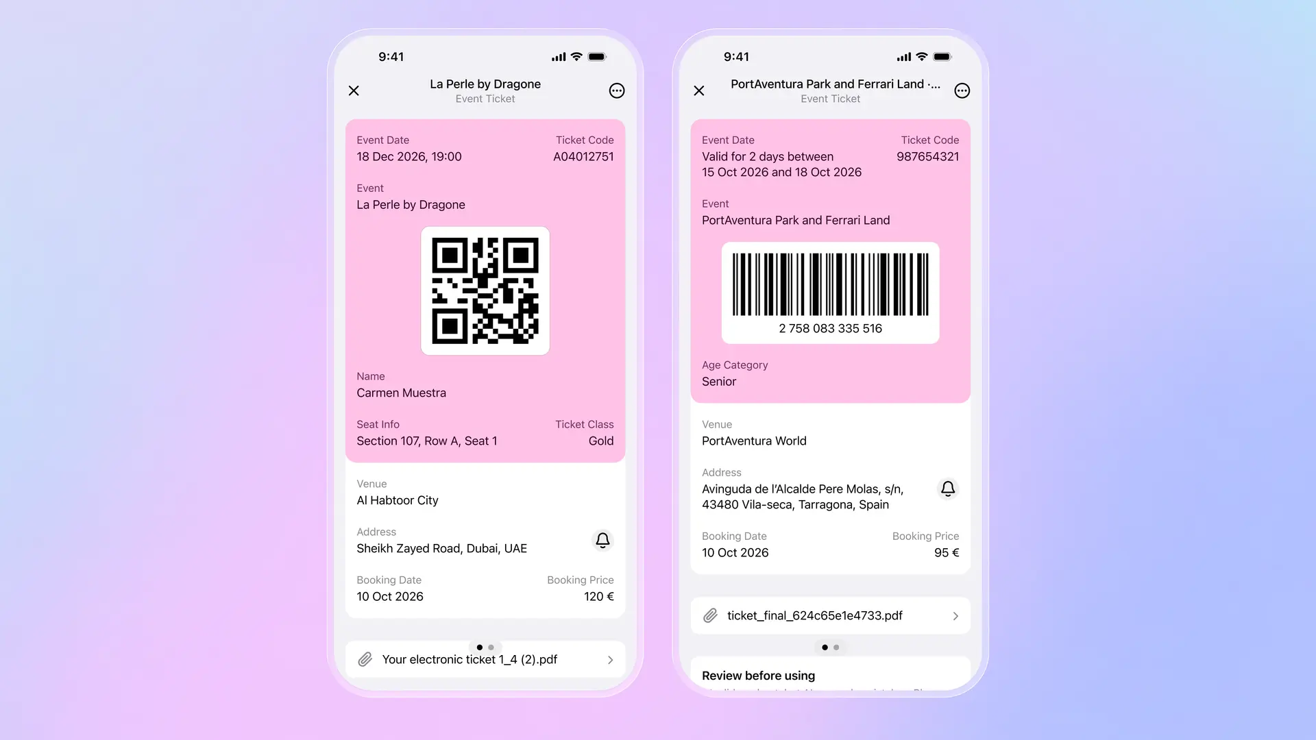 L'app Folio mostra biglietti per eventi: La Perle by Dragone con codice QR e biglietto per il parco a tema PortAventura con codice a barre
