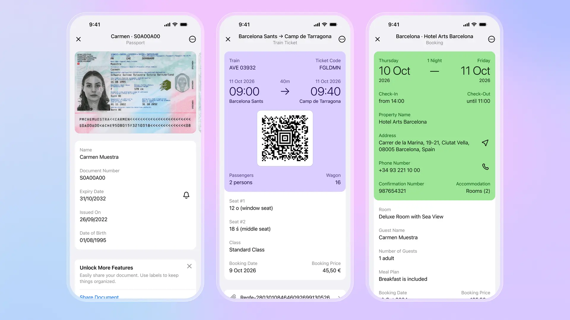 Schermate dell'app Folio che mostrano dettagli del passaporto, biglietto del treno con codice QR e informazioni sulla prenotazione dell'hotel