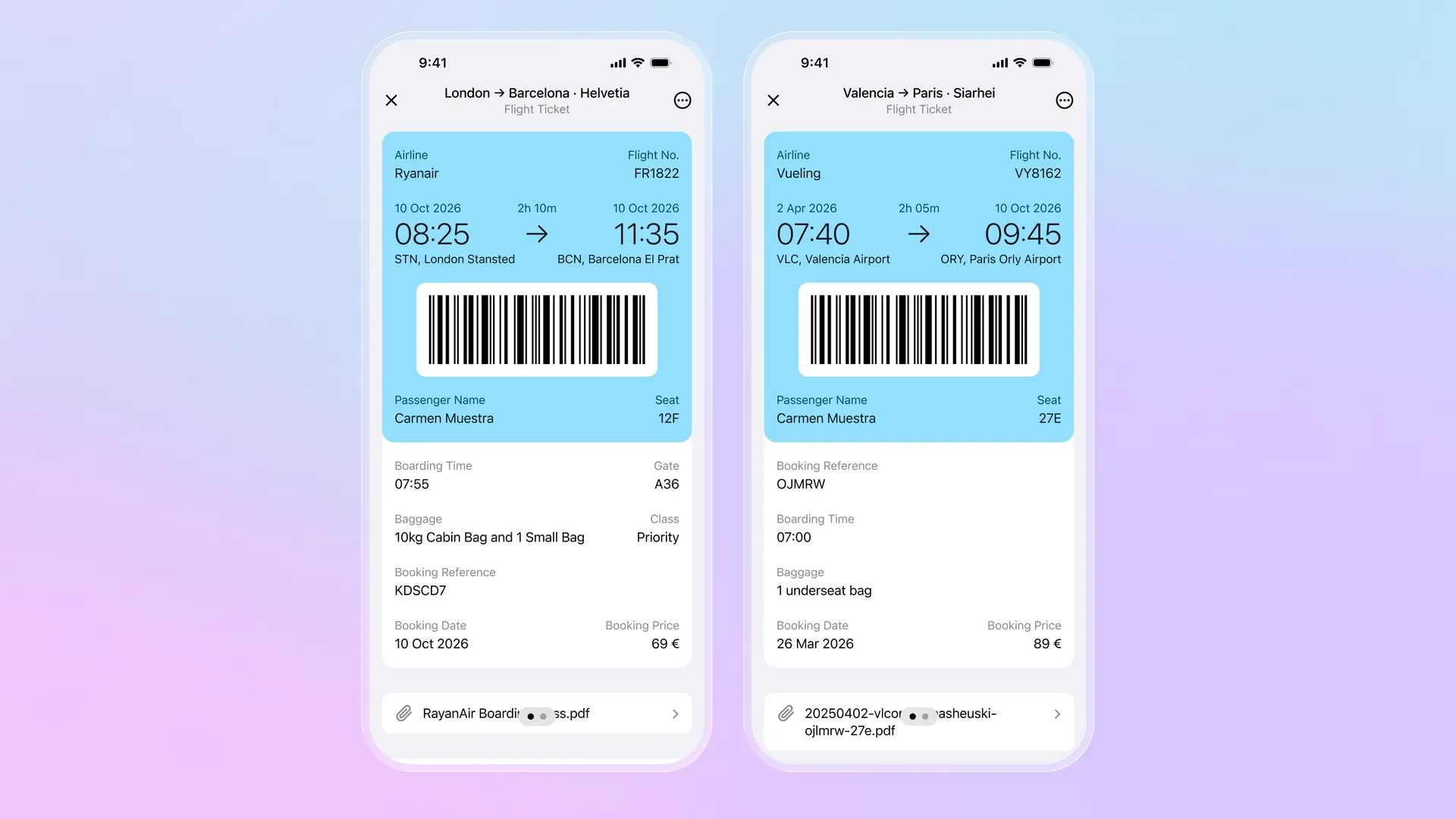 App Folio che mostra i biglietti aerei: Ryanair da Londra a Barcellona e Vueling da Valencia a Parigi con codici a barre, assegnazione posti e informazioni sul gate