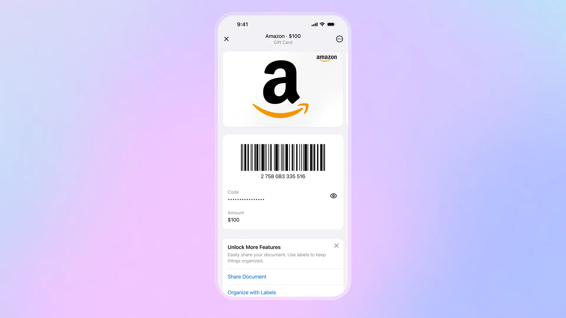 Folioアプリのギフトカード：バーコード、非表示コード、100ドル残高、ラベルで共有・整理するオプション付きAmazonギフトカード