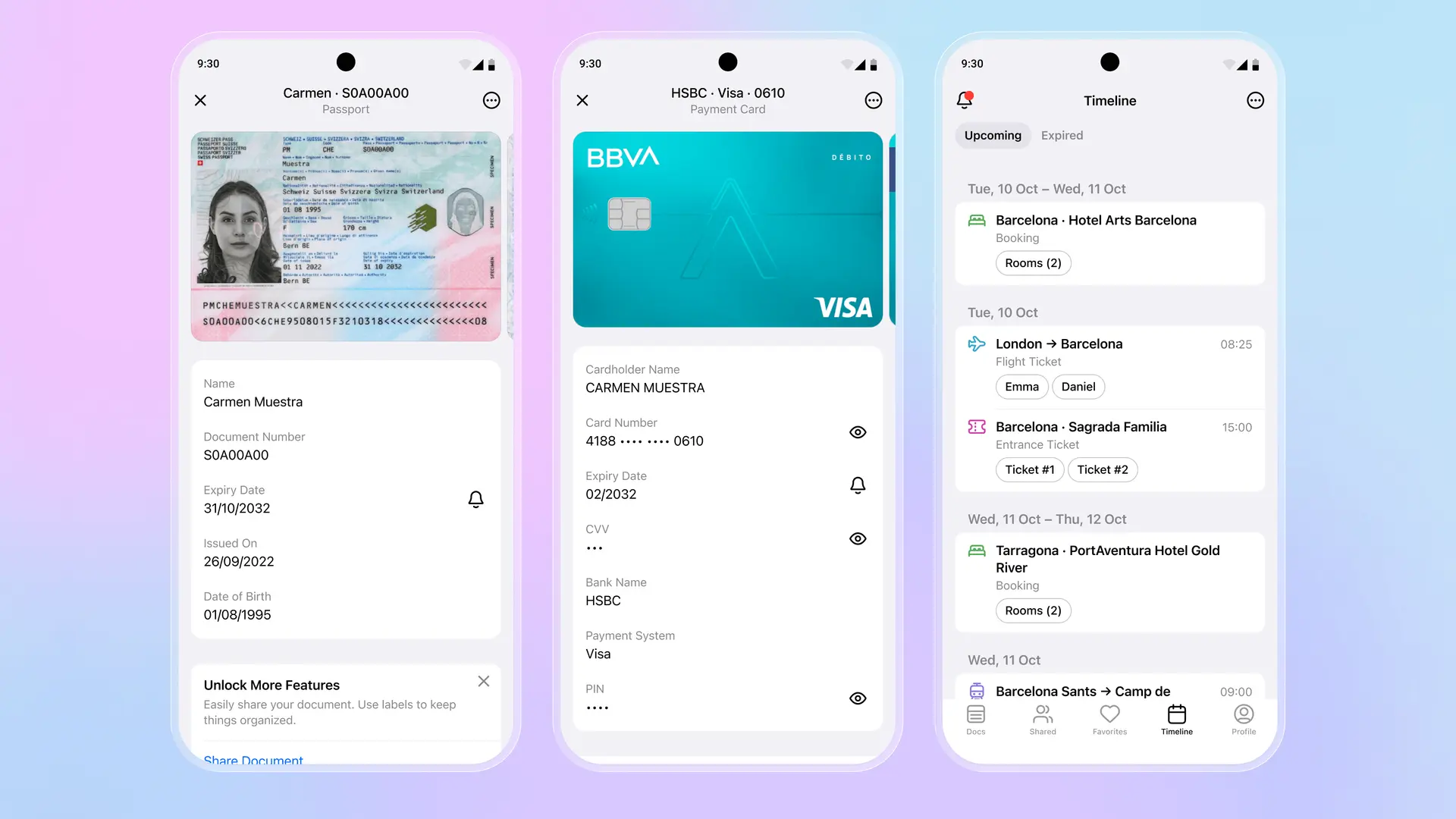 Folio app showing passport with extracted data, BBVA payment card details, and trip timeline with hotel bookings and flight tickets