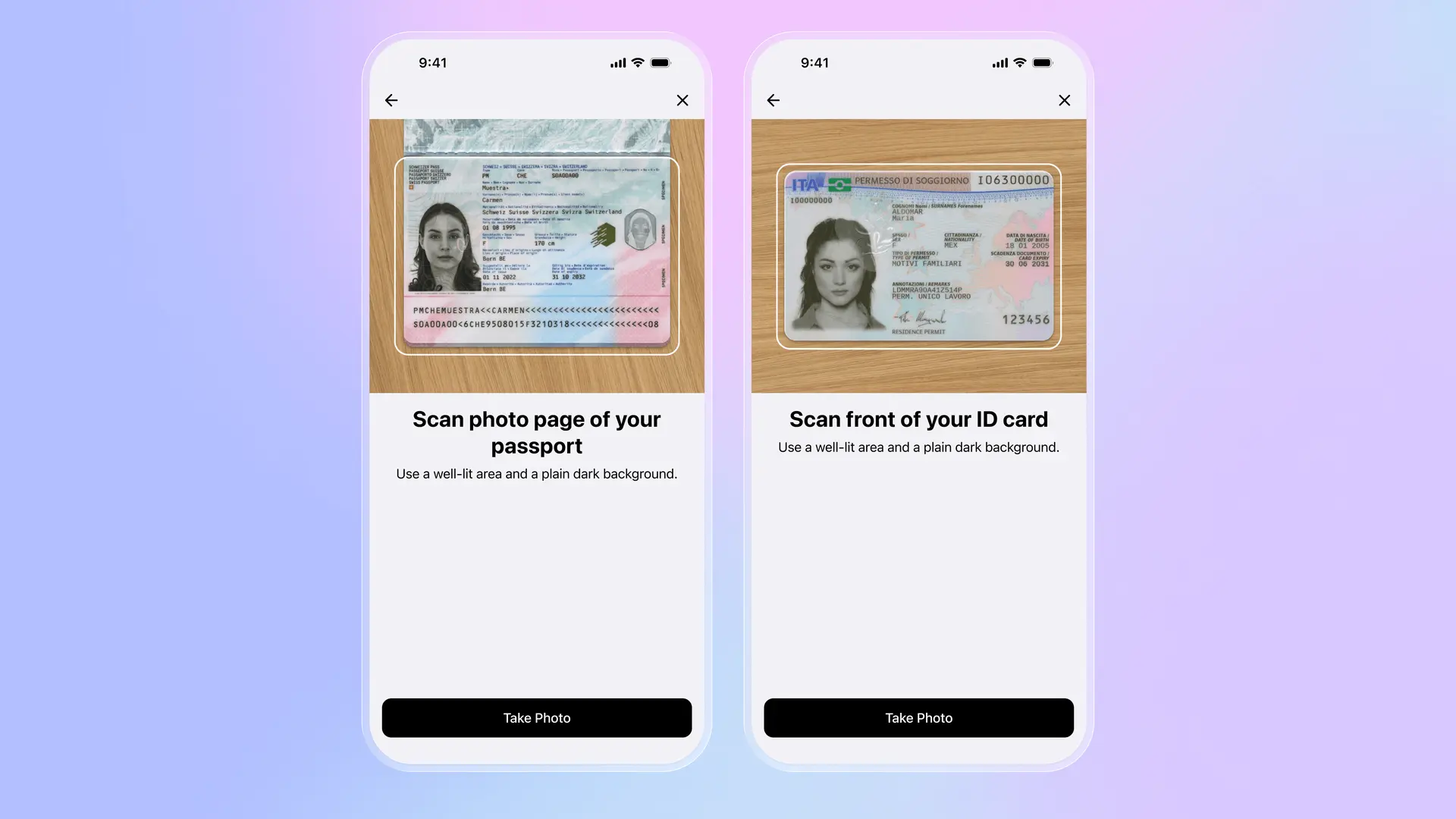 Application Folio scannant la page photo d'un passeport et une carte d'identité avec détection automatique des bords et instructions de capture claires