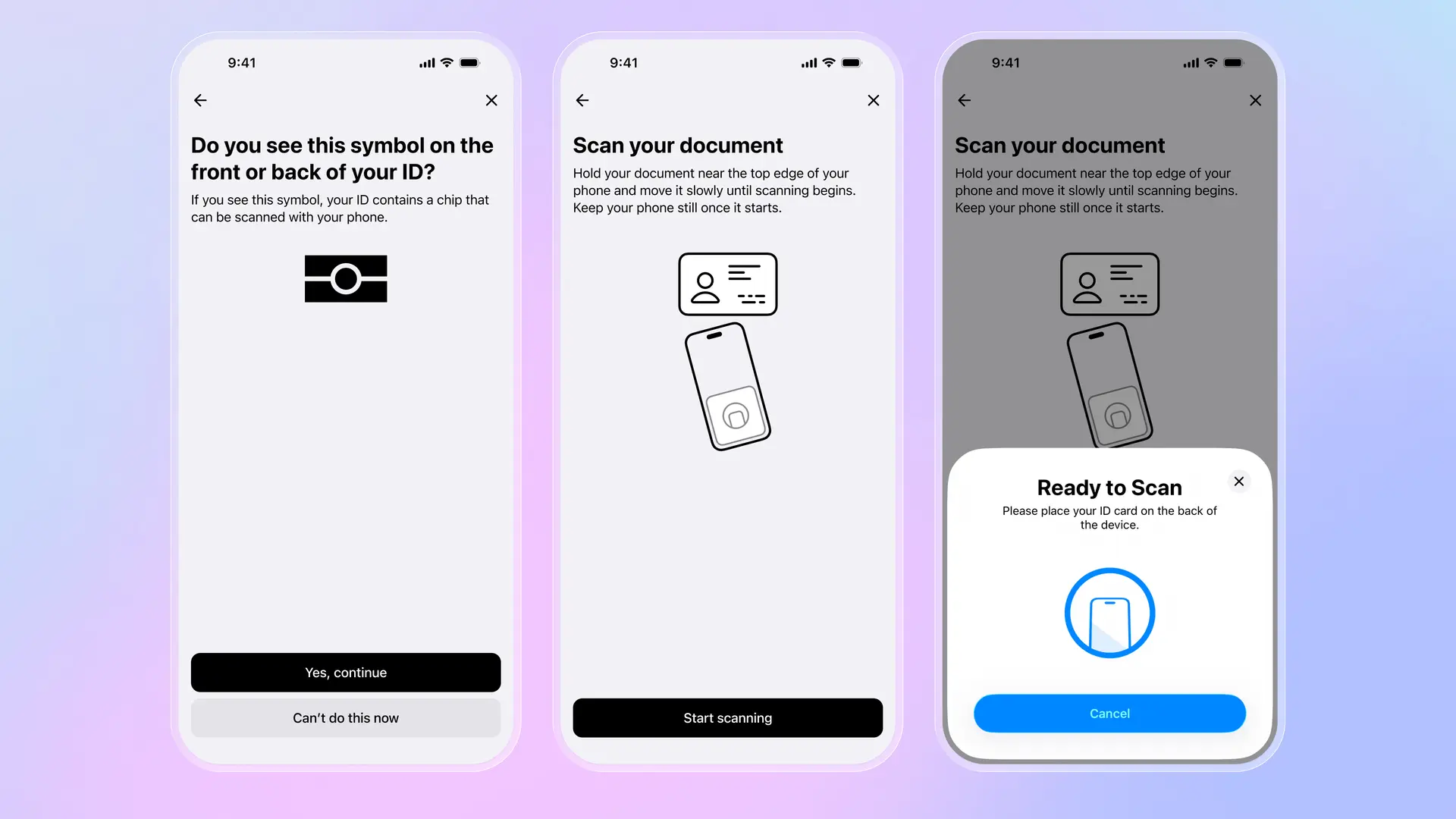NFCによる本人確認の工程。チップシンボルの確認、書類スキャンの指示、スキャン開始のプロンプトの3画面