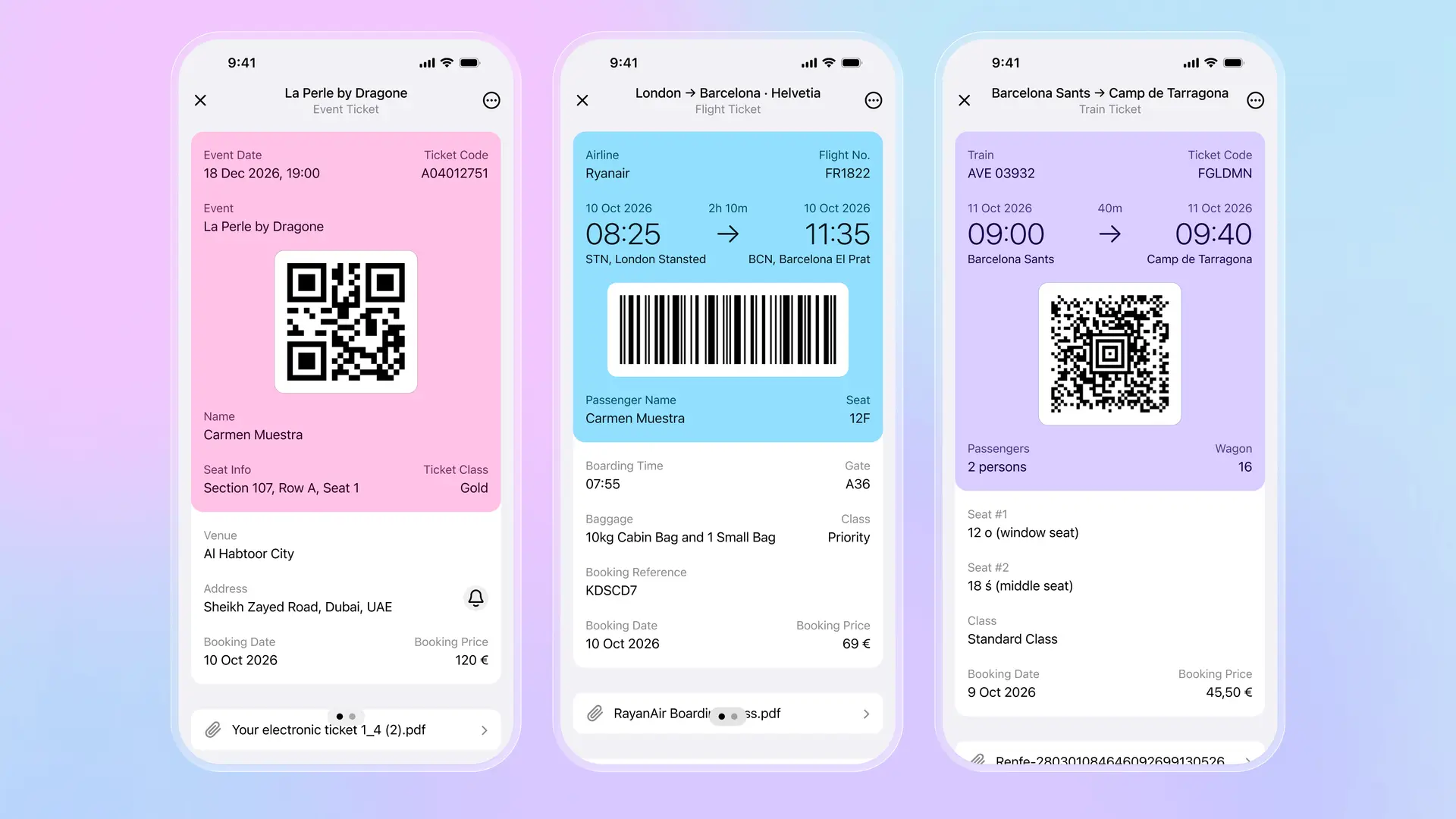 Folio Walletに表示されたQRコード付きイベントチケット、バーコード付きRyanair航空券、座席情報付きRenfe鉄道チケット
