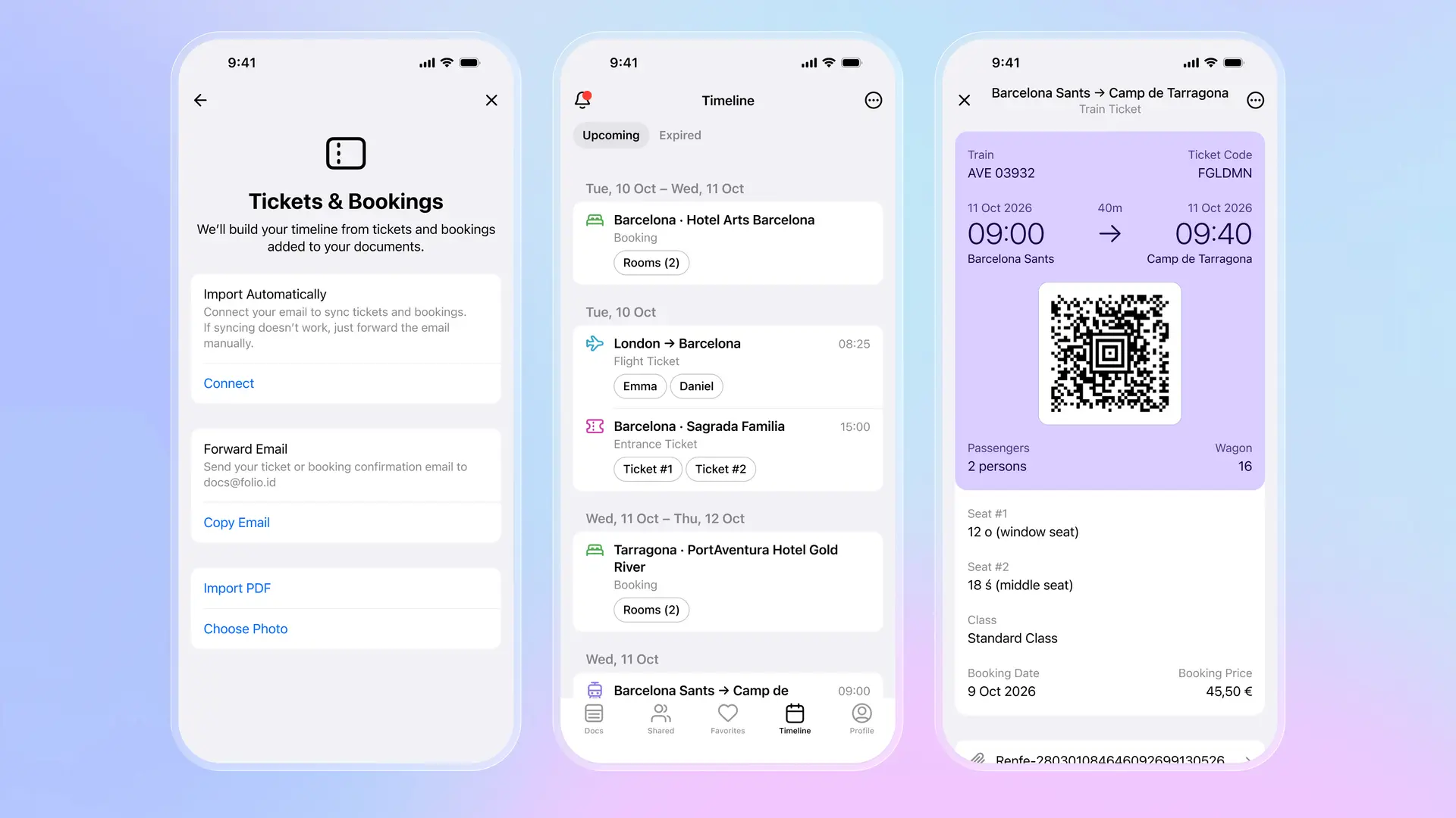 Application Folio affichant les options d'import, la chronologie partagée du voyage avec hôtel, vols et activités, et les détails d'un billet de train pour deux passagers
