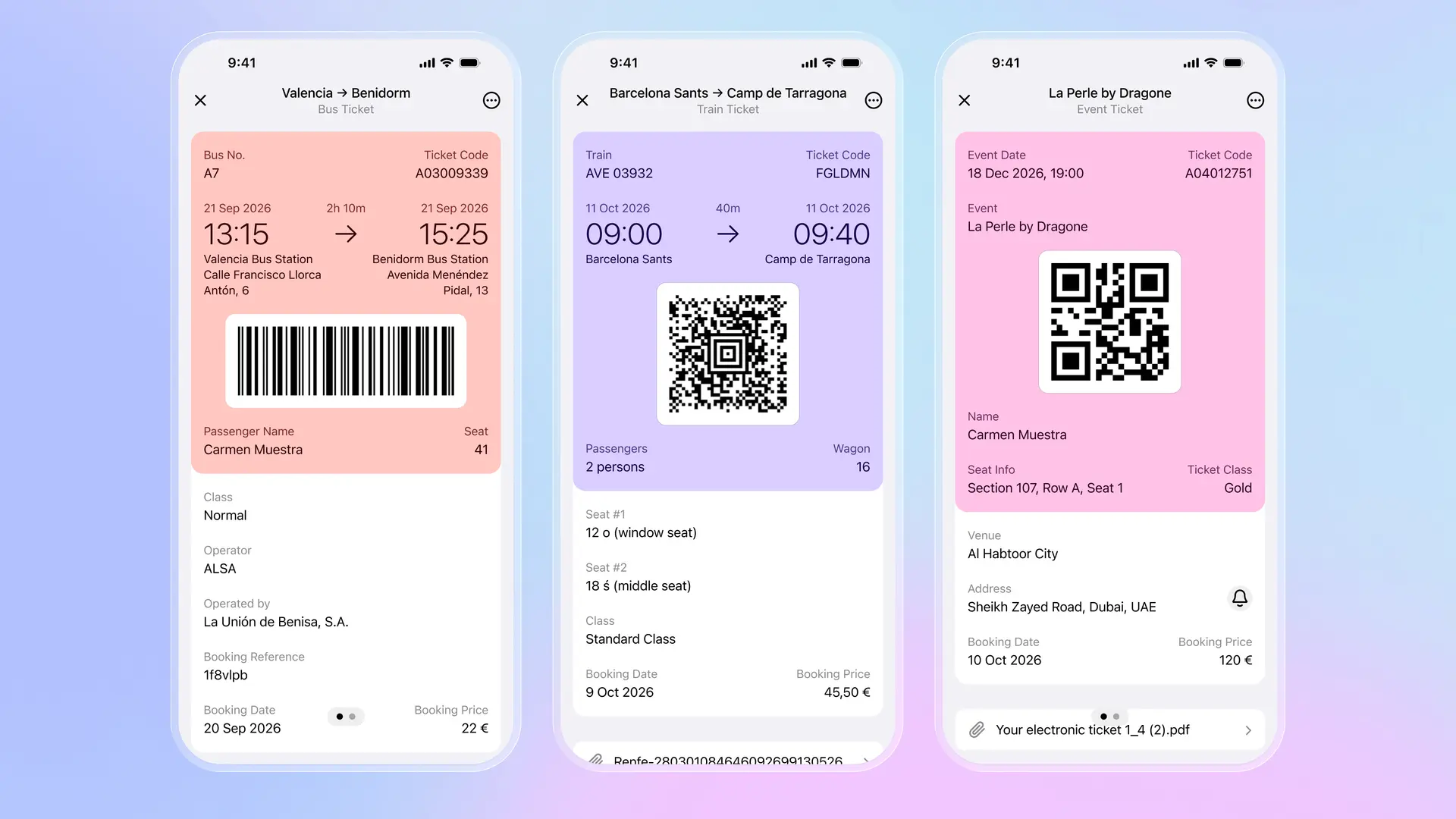 Application Folio montrant trois billets : bus ALSA de Valence à Benidorm avec code-barres, train Renfe de Barcelone à Tarragone avec code QR pour 2 passagers, et billet événement La Perle à Dubaï avec infos de siège et code QR