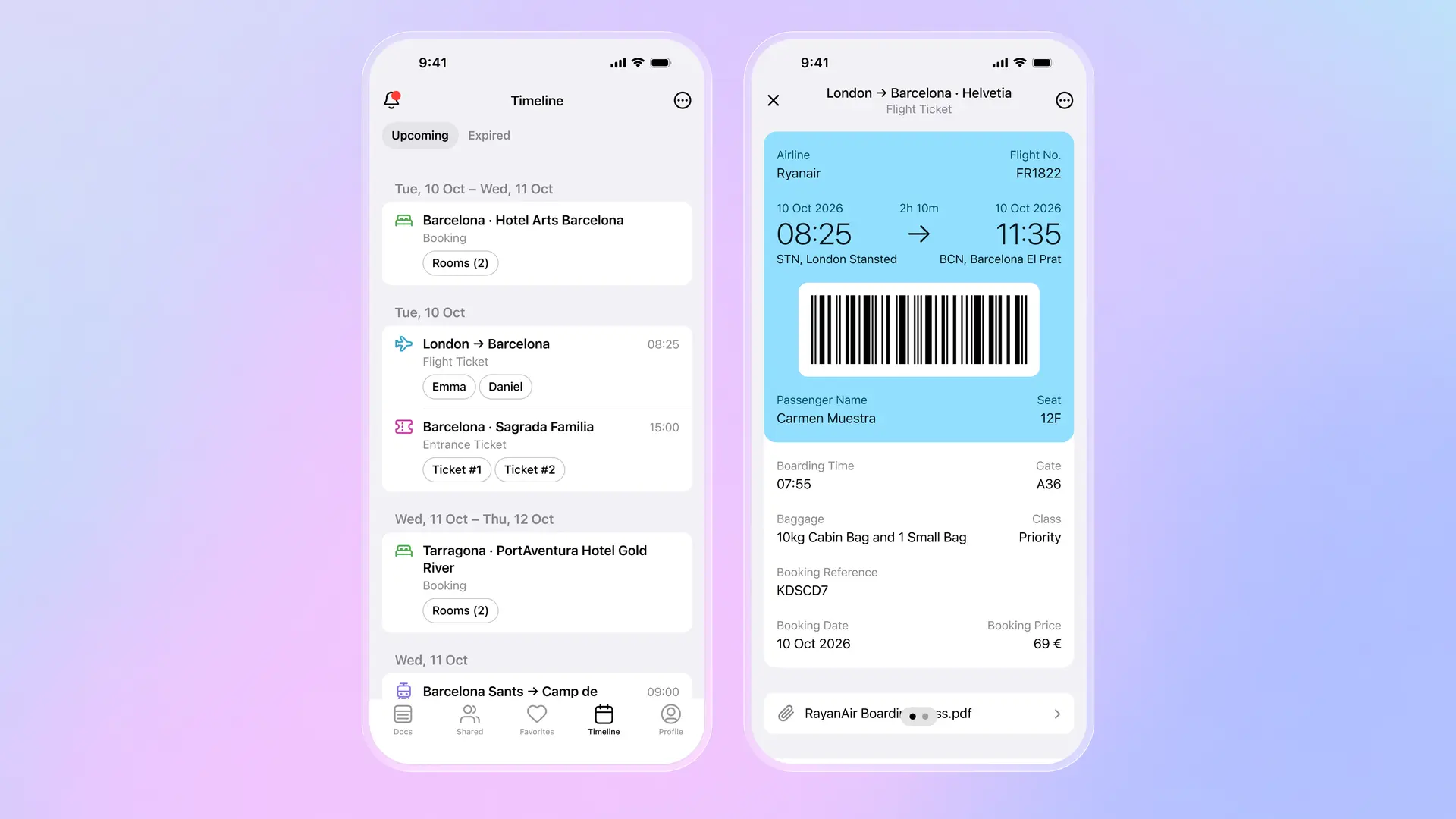 Folio Wallet mostra la timeline di un viaggio con hotel, voli, attrazioni e prenotazioni ferroviarie, oltre al biglietto aereo dettagliato con codice a barre