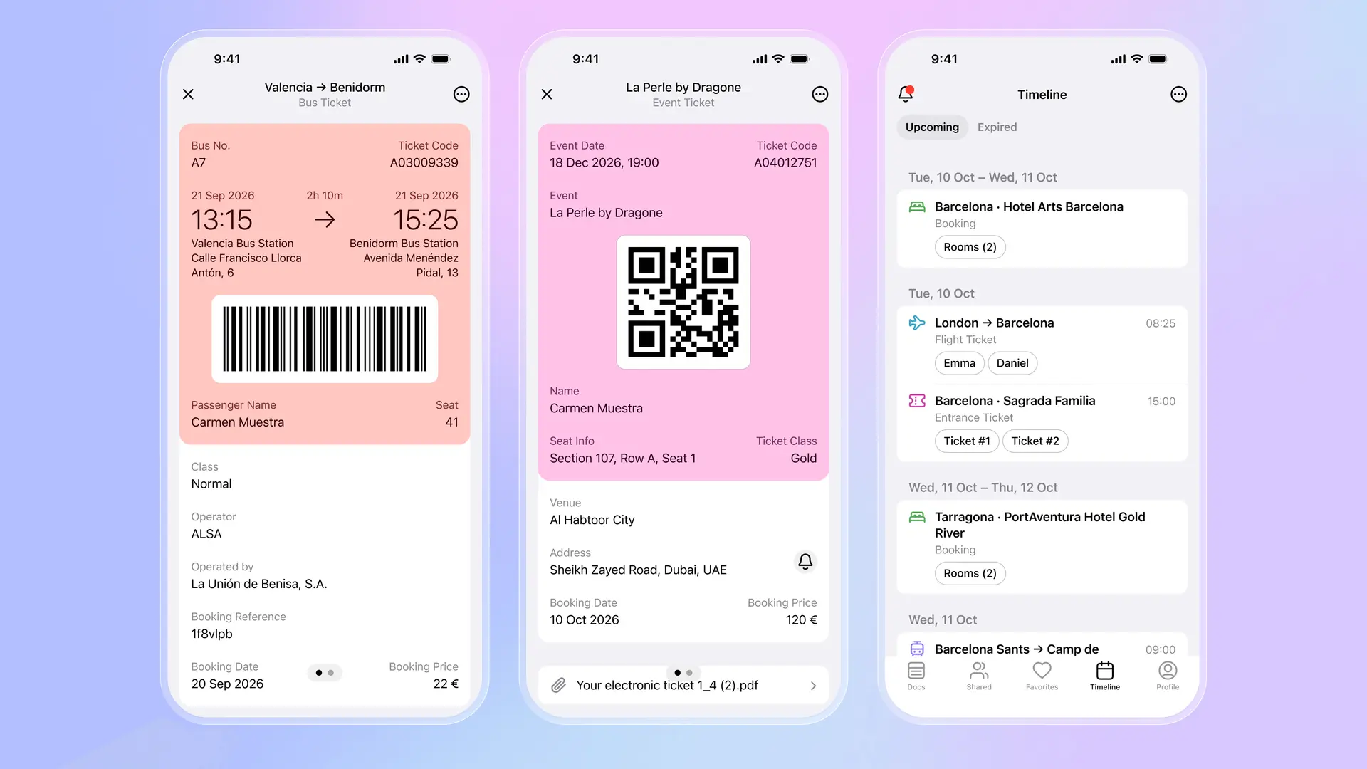 Folio Wallet mostra un biglietto dell'autobus con codice a barre, un biglietto per un evento con codice QR e la timeline di un viaggio con hotel, voli e biglietti per attrazioni