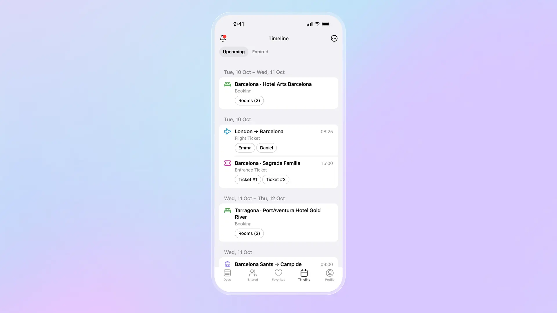 Timeline di Folio che mostra documenti di viaggio organizzati: prenotazioni hotel, biglietti aerei, biglietti d'ingresso e prenotazioni ferroviarie ordinati per data