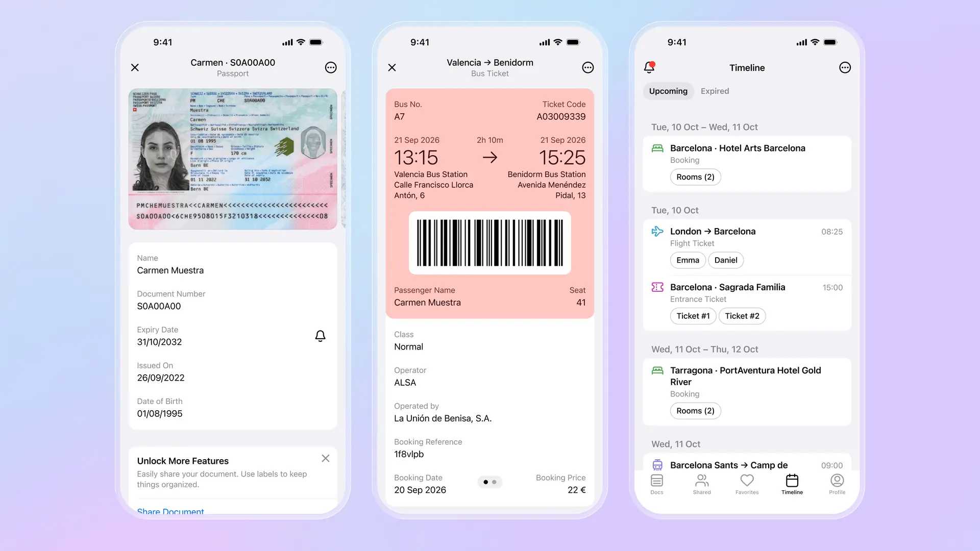 Billetera digital Folio mostrando documentos organizados incluyendo tarjetas de pago, identificaciones y documentos de viaje con organización por carpetas