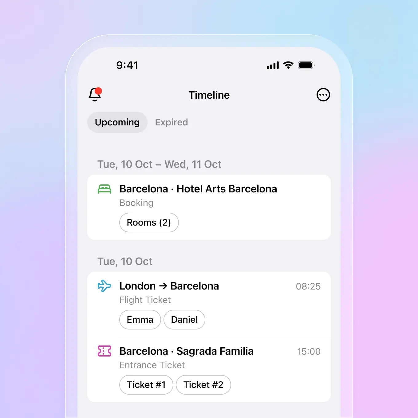 Trip planner app with travel timeline