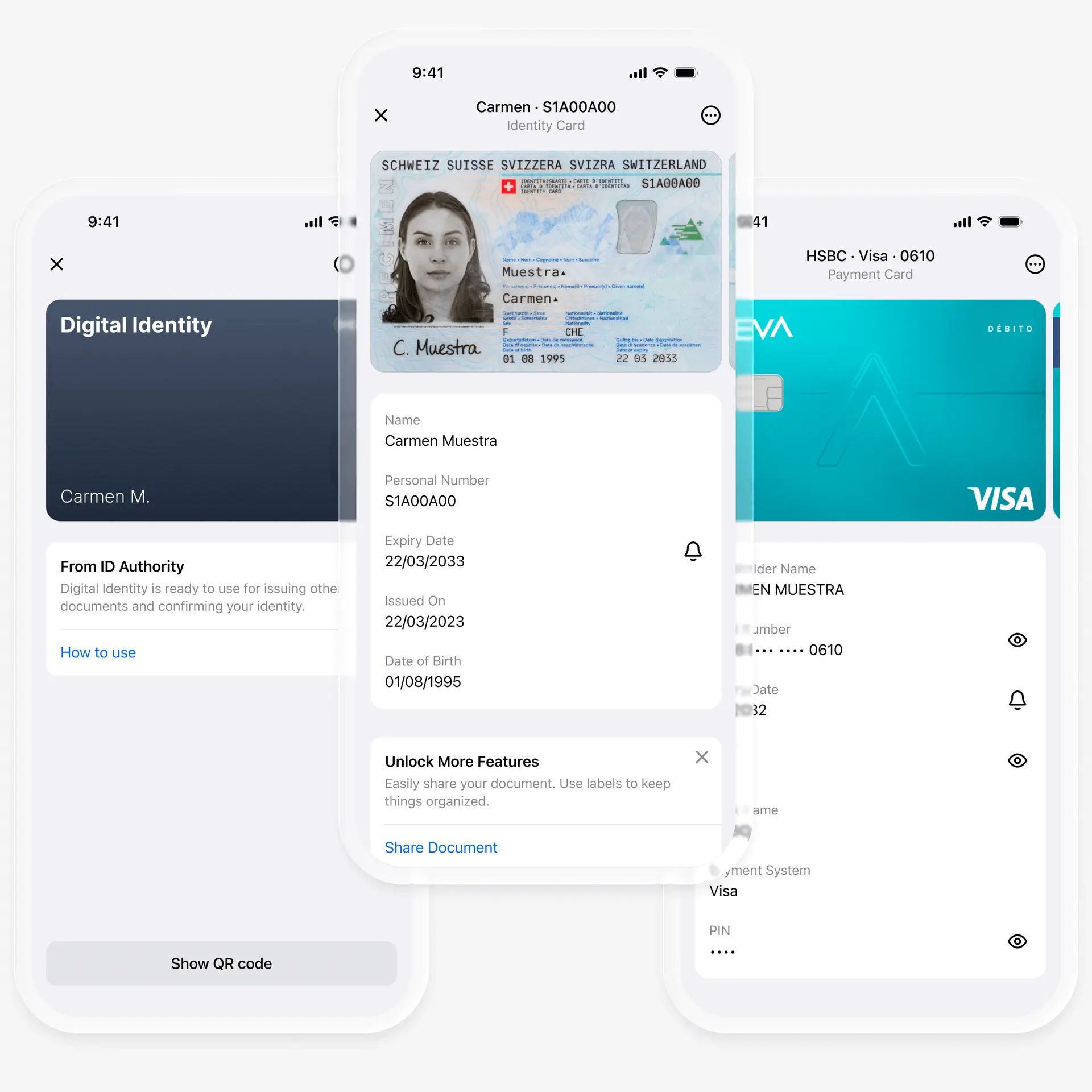 Folio app showing digital identity, ID card details, and payment cards on three phone screens